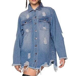 Women’s Distressed Denim Oversized Shirt Jean Jacket Size XXXL